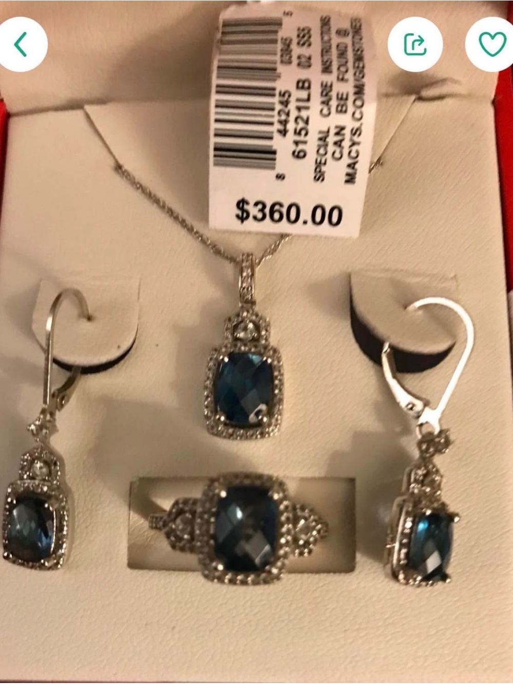 Blue Crystal Halo Jewelry Set - Pendant, Earrings & Ring